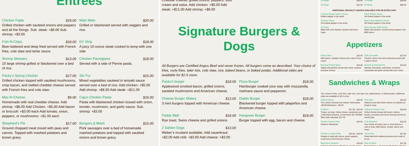 Packy's Sports Pub Menu