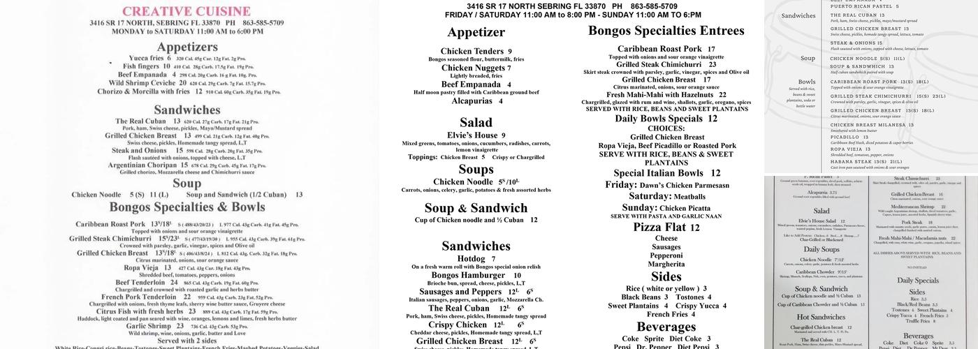 BONGOS CREATIVE CUISINE Menu