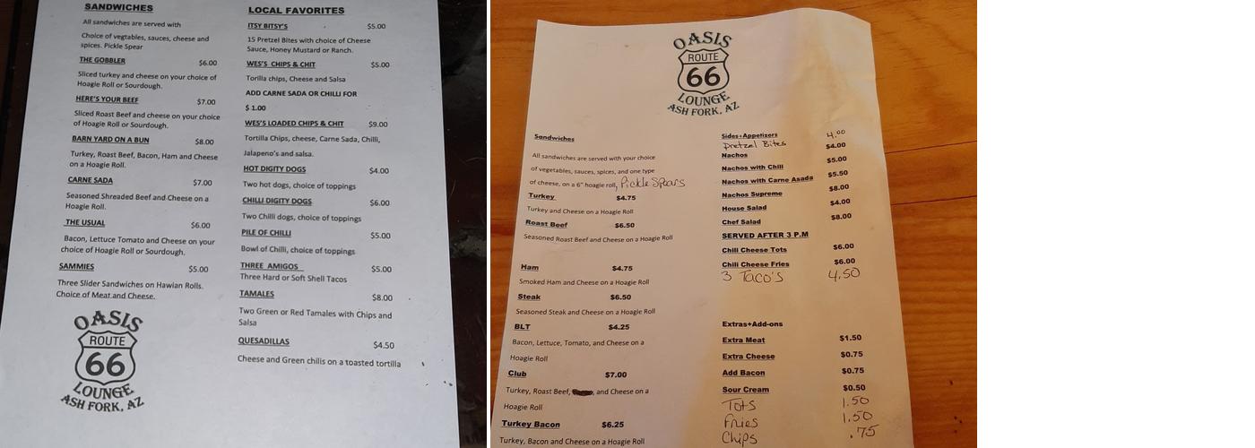 Oasis Lounge Menu