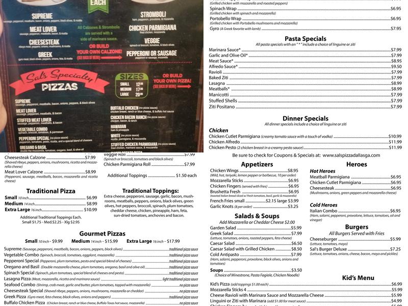 Sal's Pizza Menu