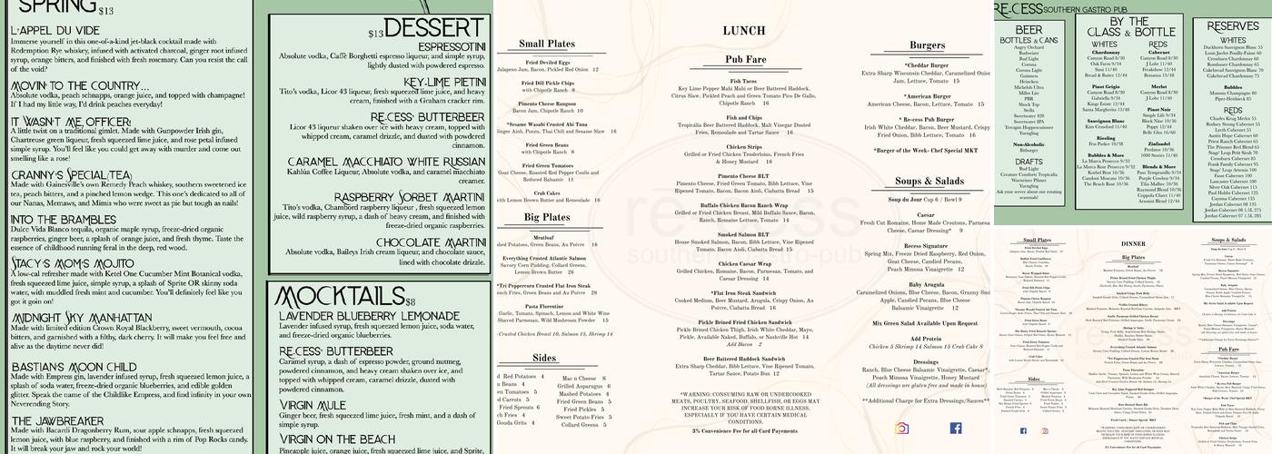 Recess Southern Gastro-pub Menu