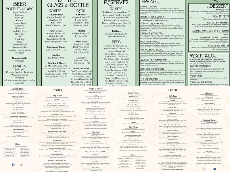 Recess Southern Gastro-pub Menu