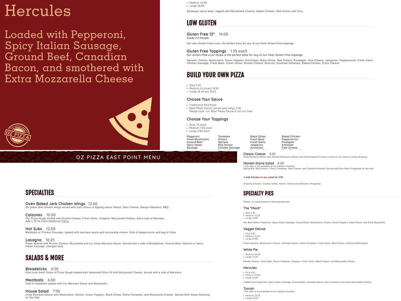Oz Pizza- East Point Menu