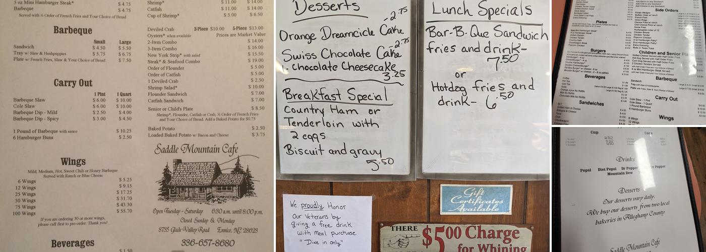 Saddle Mountain Cafe Menu