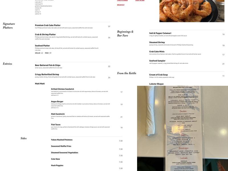 Phillips Seafood Menu