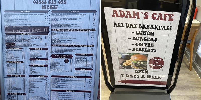 Adam’s cafe Menu