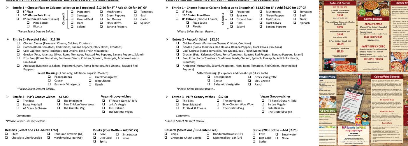 Peace Love and Pizza - Milton Menu