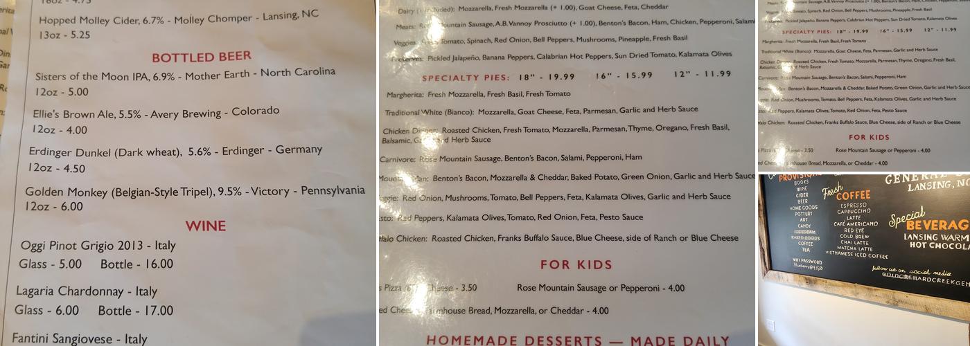 Pie On the Mountain Menu