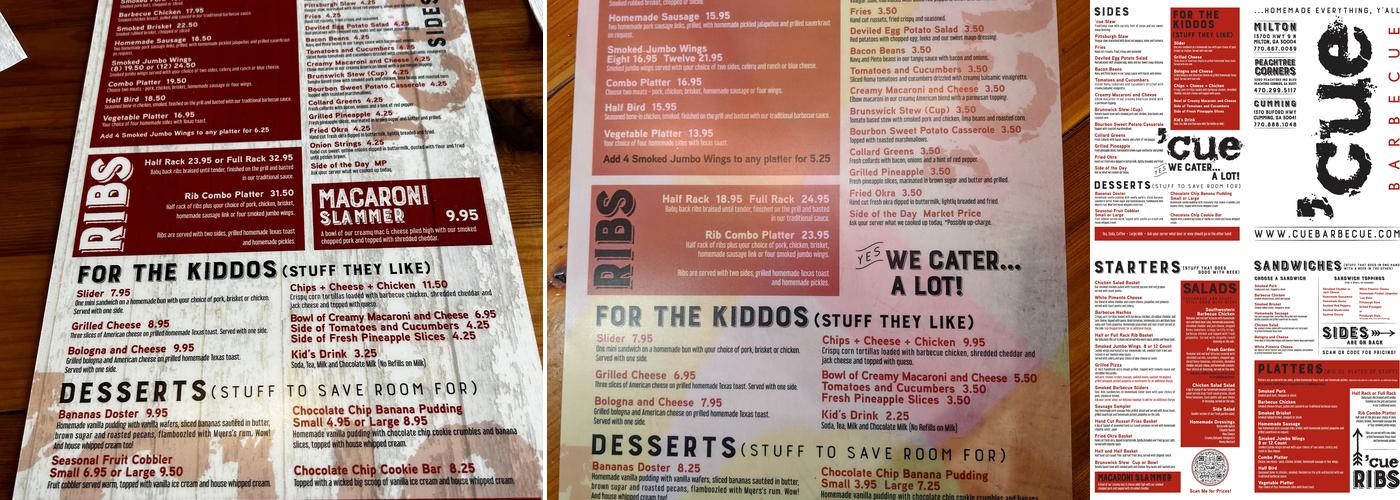 Cue Barbecue Menu