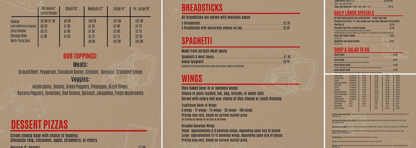 The Dough Shed Pizzeria Menu