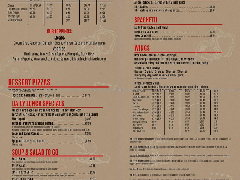 The Dough Shed Pizzeria Menu