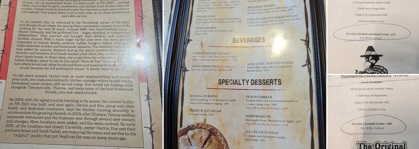 The Original Neal's Restaurant Menu