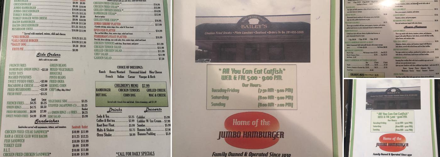 Bailey's Restaurant Menu