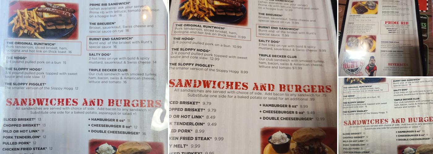 Runts Bar BQ & Grill Menu