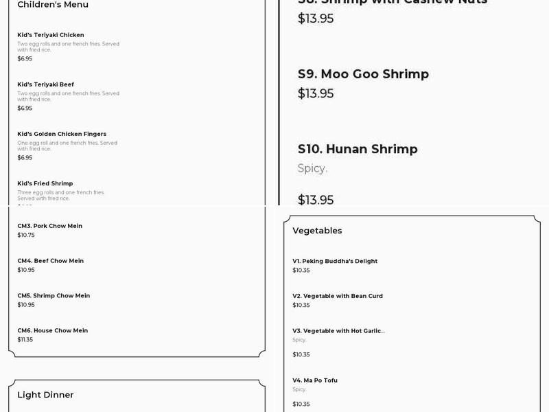 Mandarin Cafe Menu