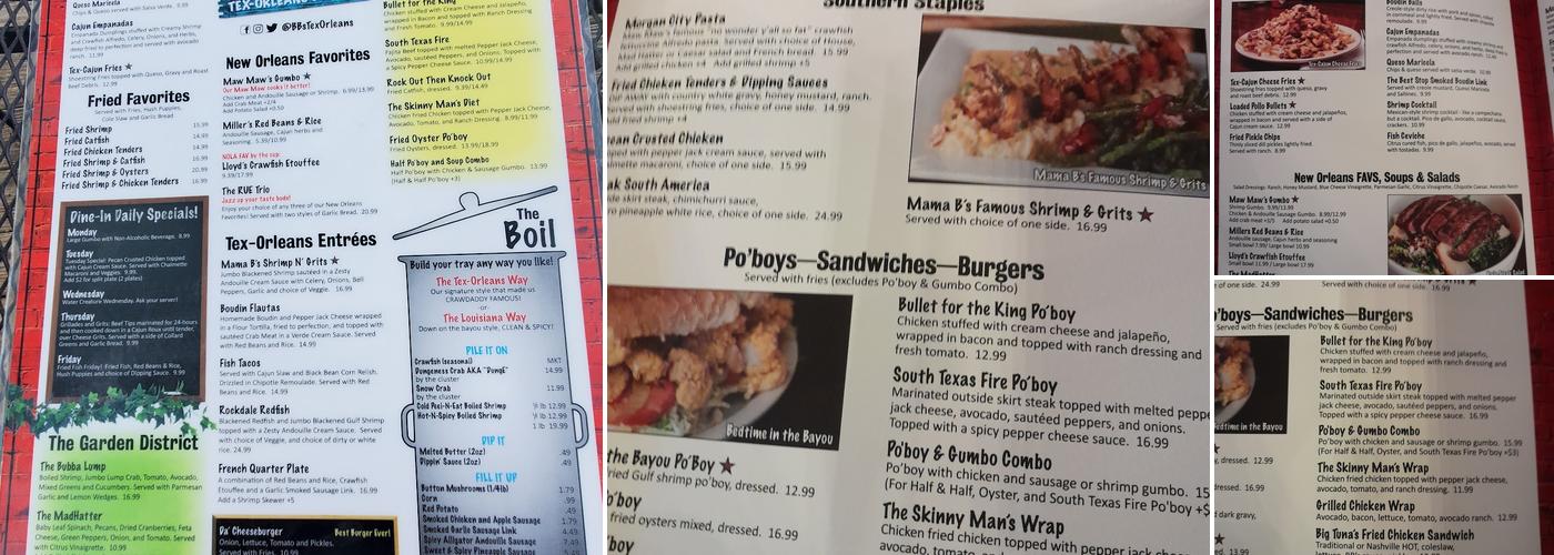 BB's Tex-Orleans Menu