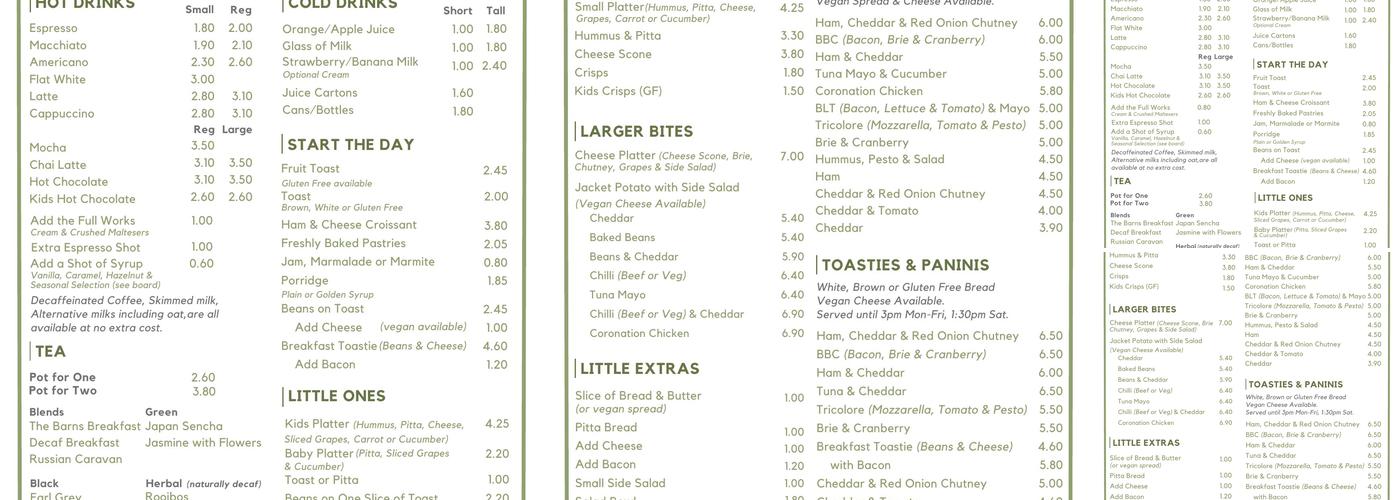The Barns Cafe Menu