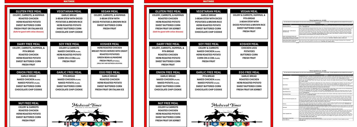 Medieval Times Dinner & Tournament Menu