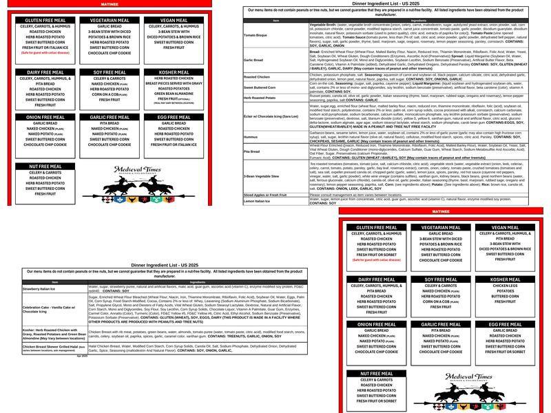 Medieval Times Dinner & Tournament Menu