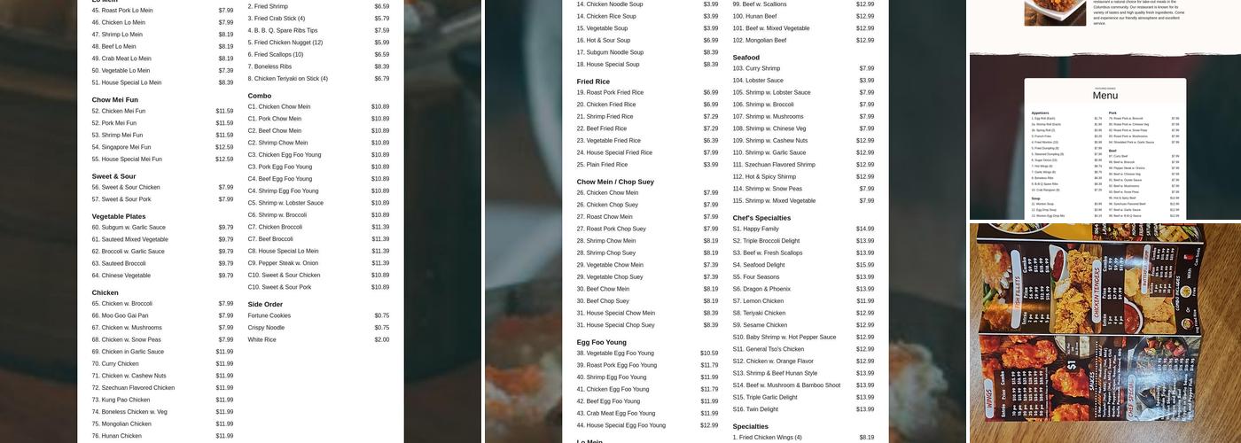 Hong Kong Chinese Restaurant Menu