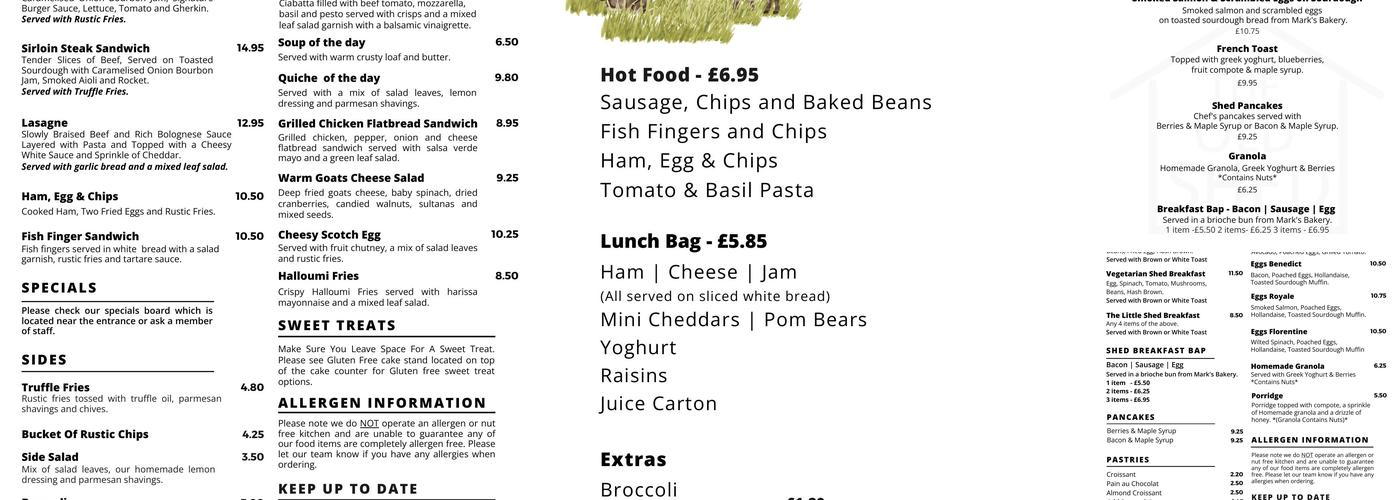 The Old Shed Menu