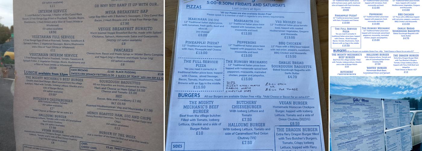 Gilks' Garage Café Menu