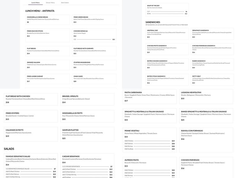 Serafino's Italian Bistro Menu