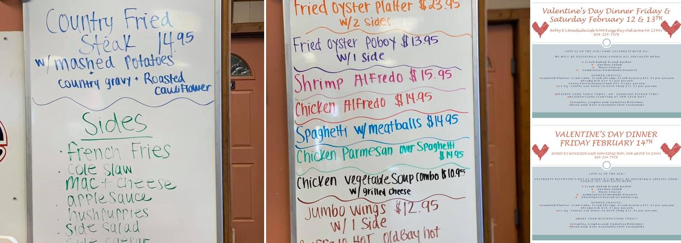 Bobby K's Roadside Cafe Menu