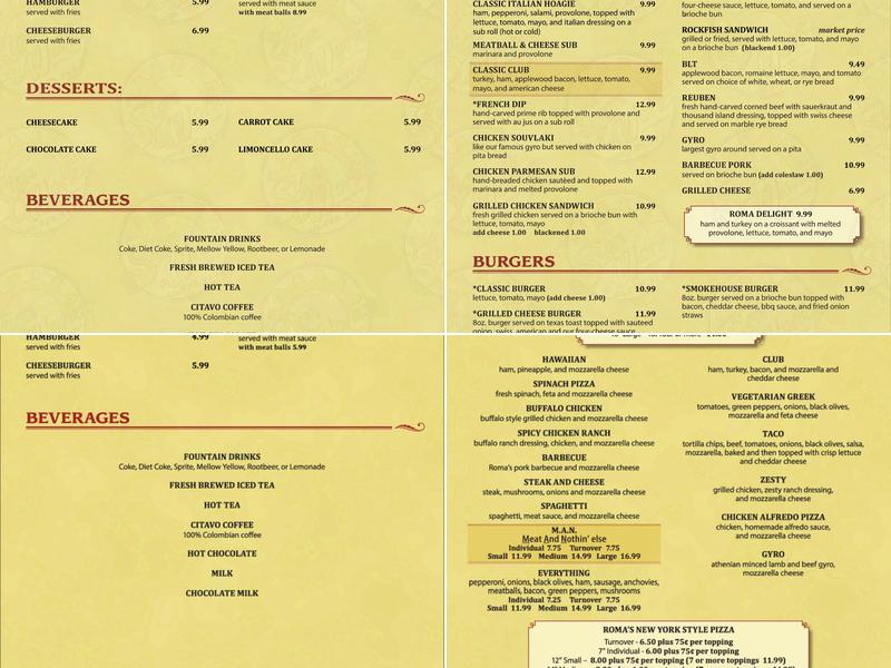 Roma Pizza Menu