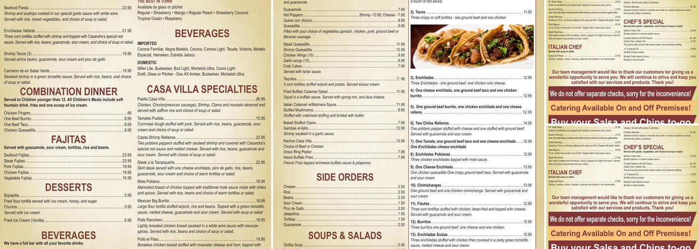 Casa Villa Menu