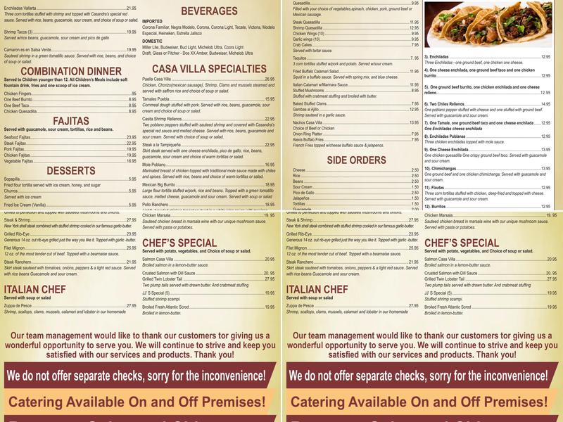 Casa Villa Menu