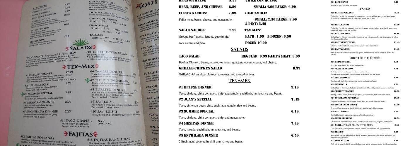 Juan's Mexican Food Menu