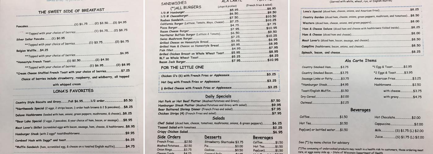 Lona's Corner Cafe Menu