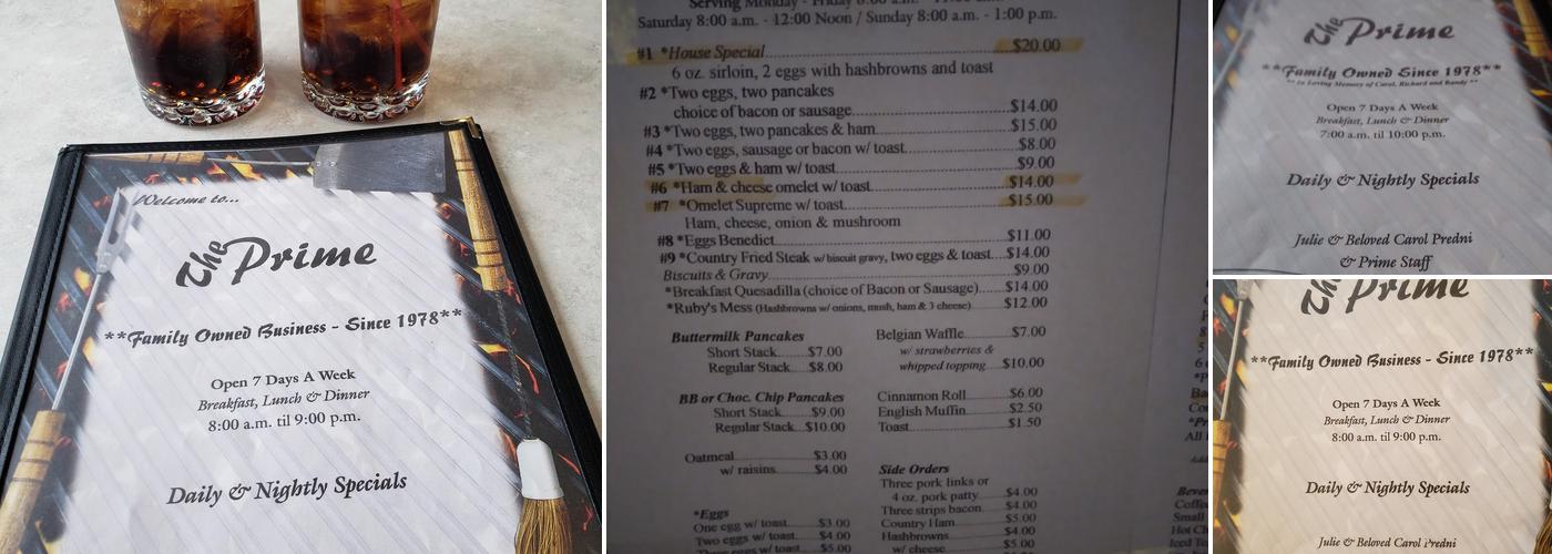 The Prime Bar and Family Dining Menu