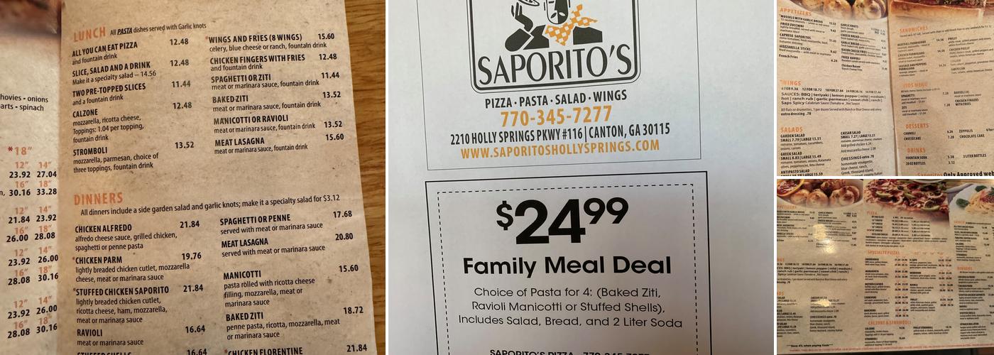 Saporitos Pizza Menu