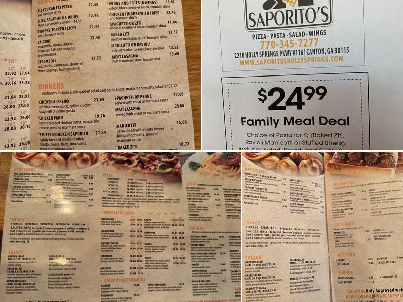 Saporitos Pizza Menu