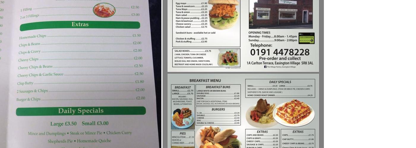 The Village Pantry, Easington Village Menu