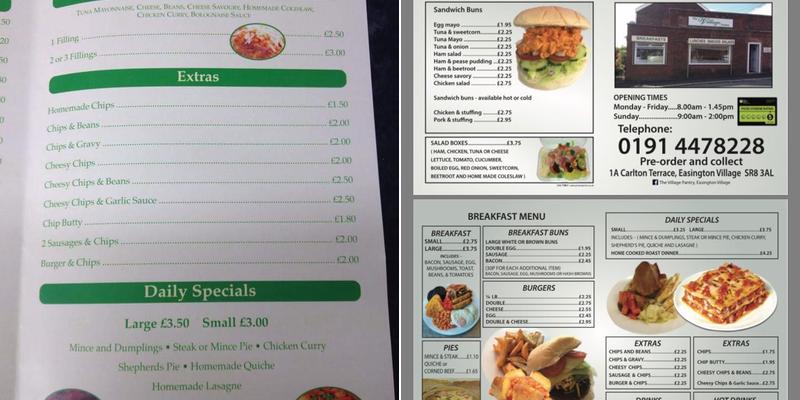 The Village Pantry, Easington Village Menu