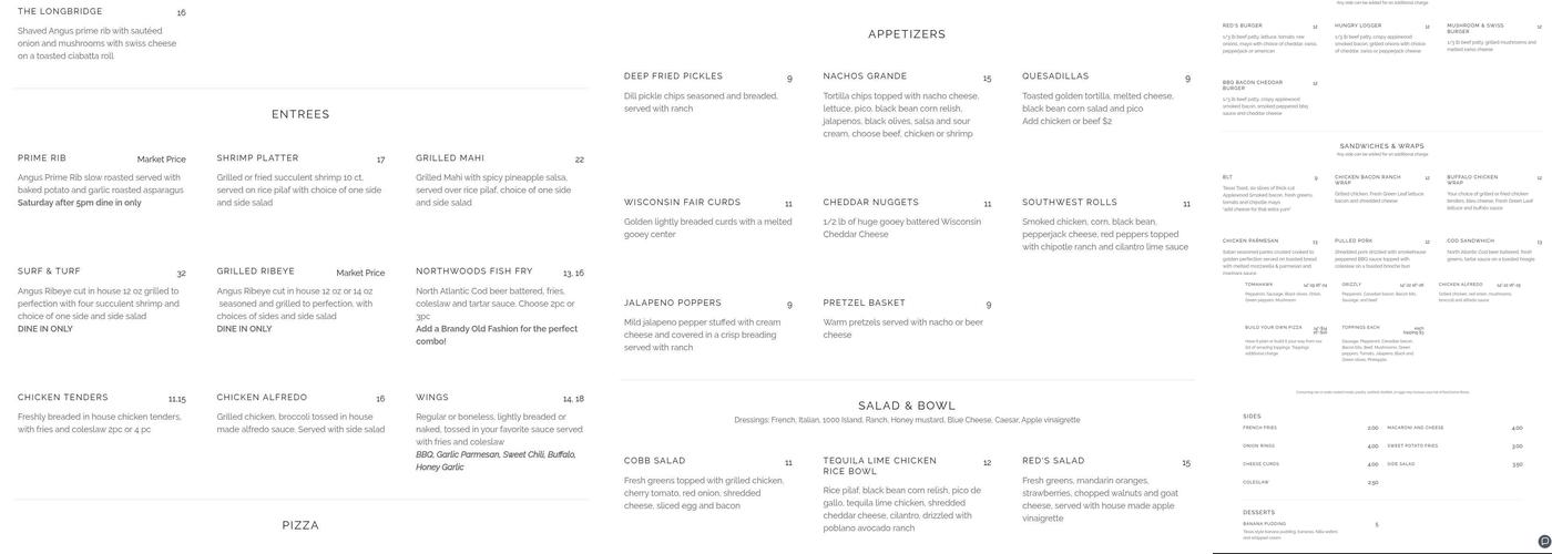 Red's Grill and Bar Menu