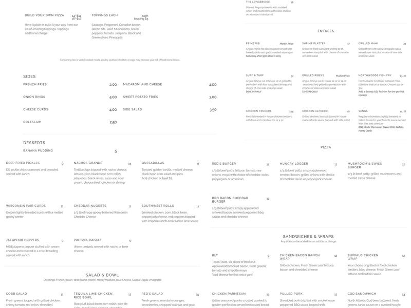 Red's Grill and Bar Menu