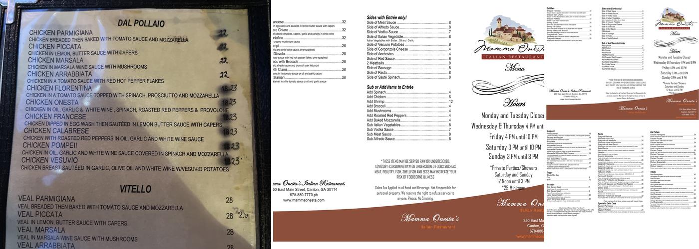 Mamma Onesta's Italian Restaurant Menu