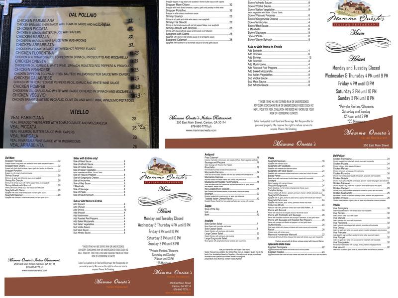 Mamma Onesta's Italian Restaurant Menu