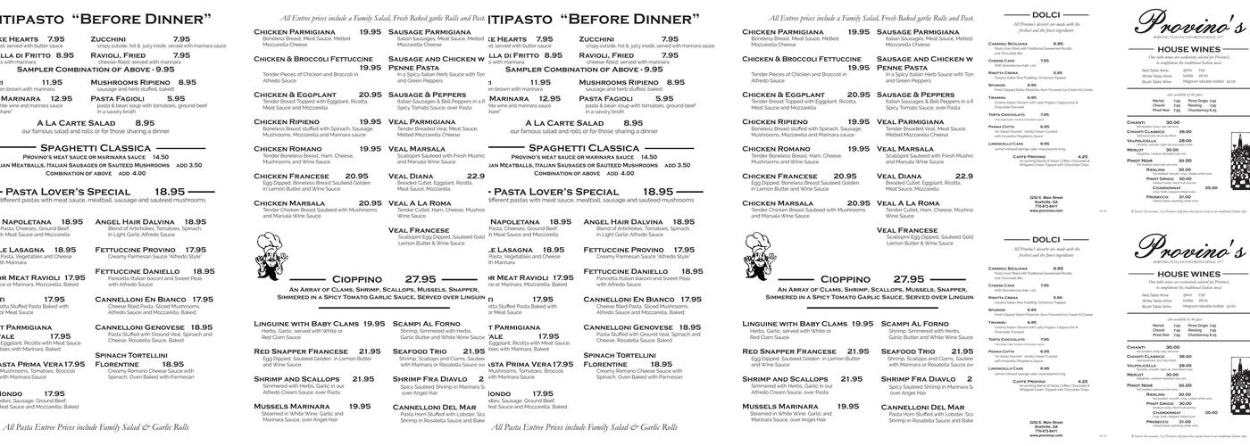 Provino's Menu