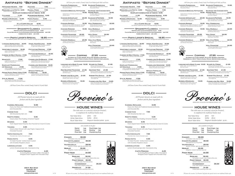 Provino's Menu