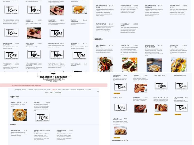 Tejas Chocolate + Barbecue Menu