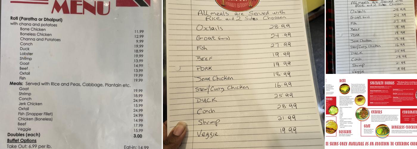 Tassa's Roti Shop Menu