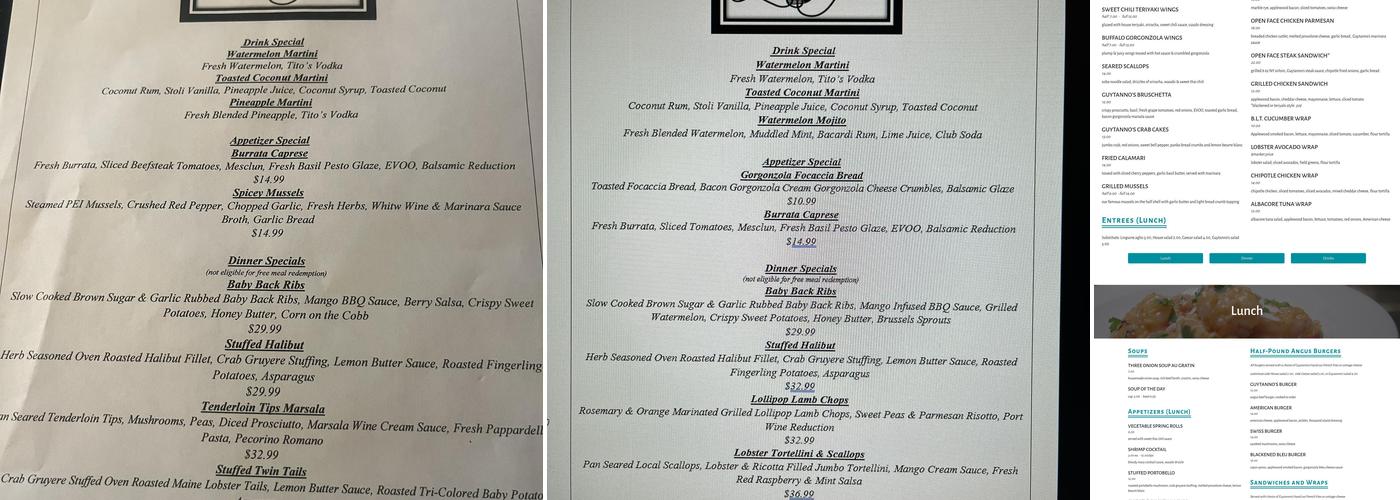 Guytanno's International Restaurant Menu