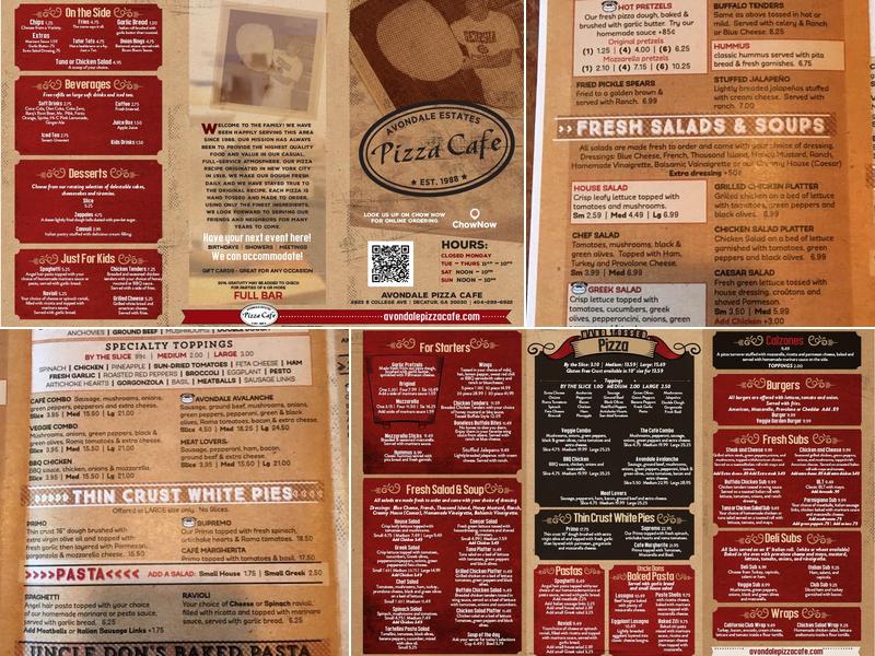 Avondale Pizza Cafe Menu