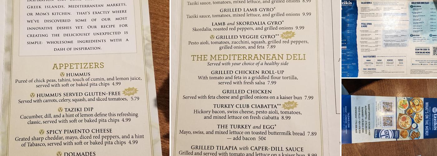Taziki's Mediterranean Cafe - Toco Hills Menu