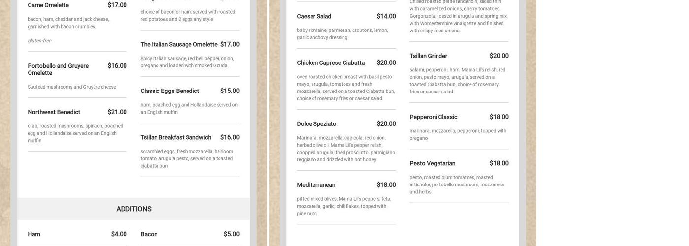 Tsillan Cellars Menu